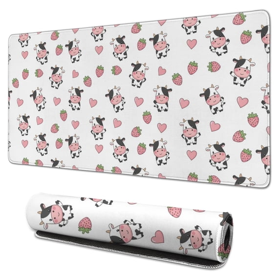Long Mouse Pads for Desk,White Cow Strawberry Heart Pattern Desk Mats on Top Of Desks, Desk Mouse Pad Extra Large with 3mm Non-Slip Base and Stitched Edge for Gaming,Office,Work,Home 31.5"x15.7"