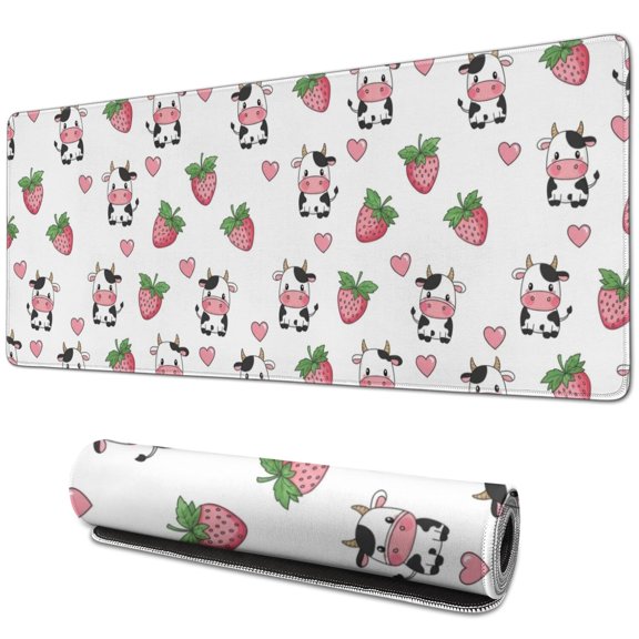 Long Mouse Pads for Desk,White Cow Strawberry Heart Pattern Desk Mats on Top Of Desks, Desk Mouse Pad Extra Large with 3mm Non-Slip Base and Stitched Edge for Gaming,Office,Work,Home 31.5"x11.8"