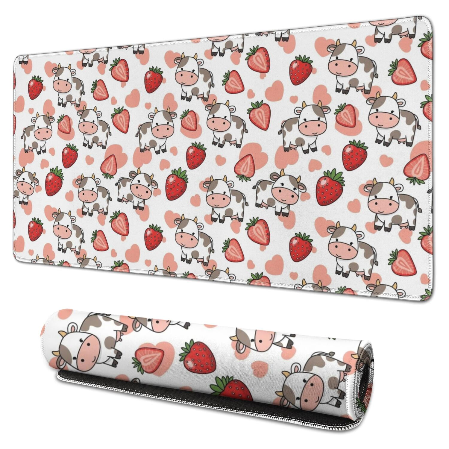 Long Mouse Pads for Desk,White Cow Strawberry Heart Pattern Desk Mats on Top Of Desks, Desk Mouse Pad Extra Large with 3mm Non-Slip Base and Stitched Edge for Gaming,Office,Work,Home 31.5"x15.7"