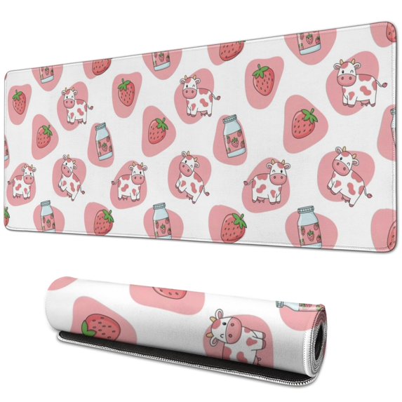 Long Mouse Pads for Desk,White Cow Strawberry Jar Pattern Desk Mats on Top Of Desks, Desk Mouse Pad Extra Large with 3mm Non-Slip Base and Stitched Edge for Gaming,Office,Work,Home 31.5"x11.8"