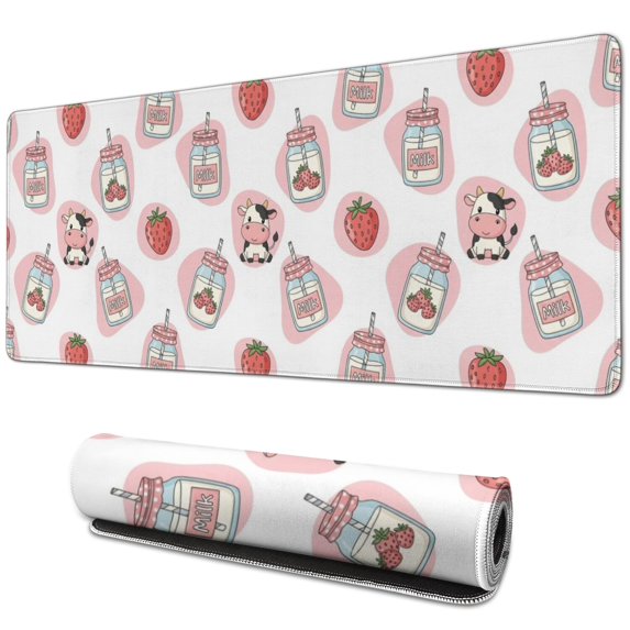 Long Mouse Pads for Desk,White Cow Strawberry Jar Pattern Desk Mats on Top Of Desks, Desk Mouse Pad Extra Large with 3mm Non-Slip Base and Stitched Edge for Gaming,Office,Work,Home 31.5"x11.8"