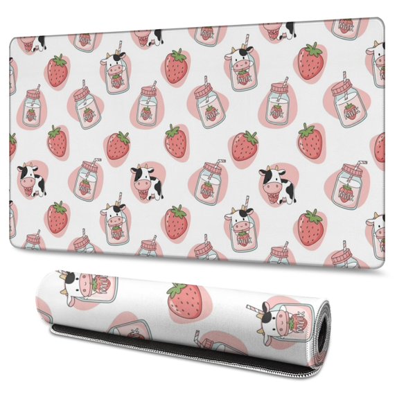 Long Mouse Pads for Desk,White Cow Strawberry Jar Pattern Desk Mats on Top Of Desks, Desk Mouse Pad Extra Large with 3mm Non-Slip Base and Stitched Edge for Gaming,Office,Work,Home 47.3"x23.6"