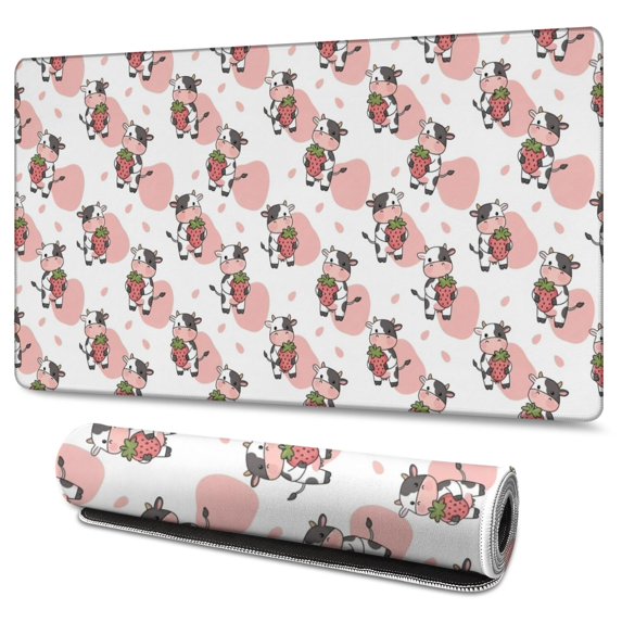 Long Mouse Pads for Desk,White Cow Strawberry Pattern Desk Mats on Top Of Desks, Desk Mouse Pad Extra Large with 3mm Non-Slip Base and Stitched Edge for Gaming,Office,Work,Home 47.3"x23.6"