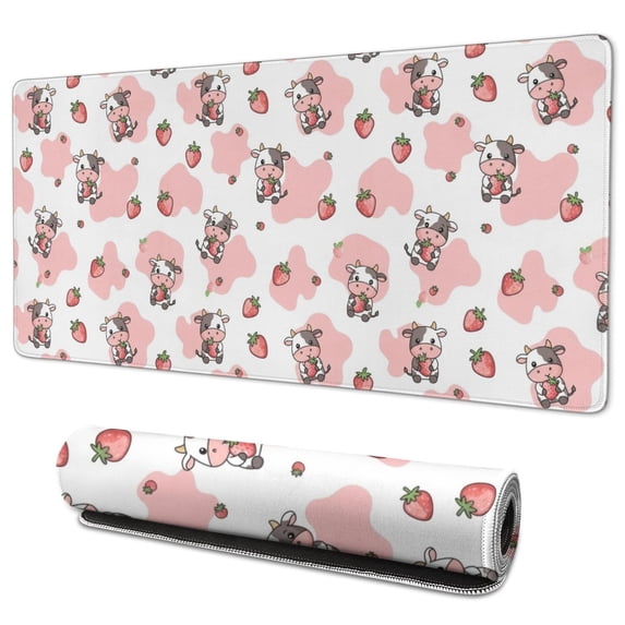 Long Mouse Pads for Desk,White Cow Strawberry Pattern Desk Mats on Top Of Desks, Desk Mouse Pad Extra Large with 3mm Non-Slip Base and Stitched Edge for Gaming,Office,Work,Home 35.4"x15.7"