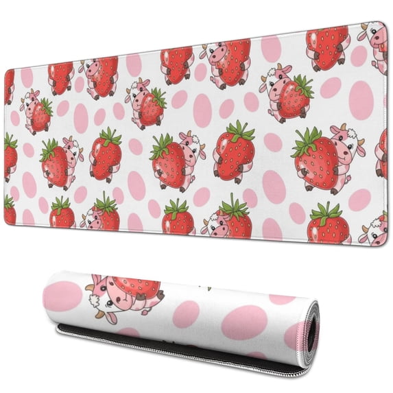 Long Mouse Pads for Desk,White Cow Strawberry Pattern Desk Mats on Top Of Desks, Desk Mouse Pad Extra Large with 3mm Non-Slip Base and Stitched Edge for Gaming,Office,Work,Home 31.5"x11.8"