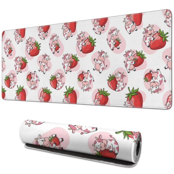 Long Mouse Pads for Desk,White Cow Strawberry Pattern Desk Mats on Top Of Desks, Desk Mouse Pad Extra Large with 3mm Non-Slip Base and Stitched Edge for Gaming,Office,Work,Home 31.5"x11.8"