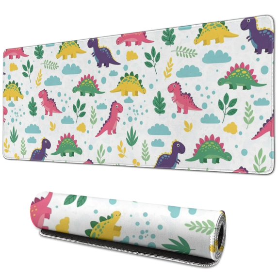 Long Mouse Pads for Desk,White Cute Dinosaurs Pattern Desk Mats on Top Of Desks, Desk Mouse Pad Extra Large with 3mm Non-Slip Base and Stitched Edge for Gaming,Office,Work,Home 31.5"x11.8"