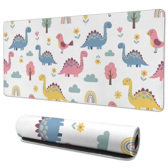 Long Mouse Pads for Desk,White Dinosaurs Birds Rainbows Pattern Desk Mats on Top Of Desks, Desk Mouse Pad Extra Large with 3mm Non-Slip Base and Stitched Edge for Gaming,Office,Work,Home 35.4"x15.7"