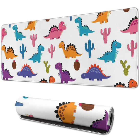 Long Mouse Pads for Desk,White Dinosaurs Cacti Pattern Desk Mats on Top Of Desks, Desk Mouse Pad Extra Large with 3mm Non-Slip Base and Stitched Edge for Gaming,Office,Work,Home 31.5"x11.8"