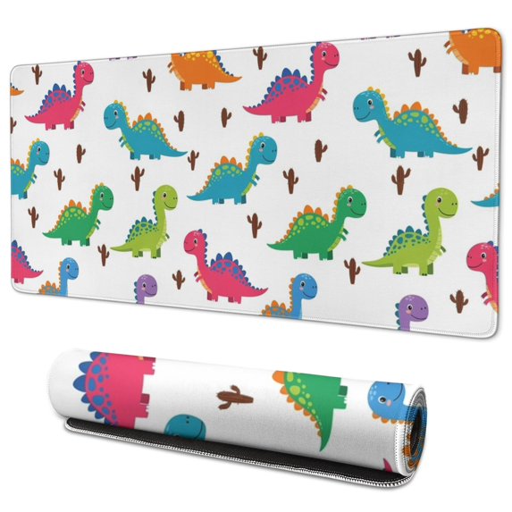 Long Mouse Pads for Desk,White Dinosaurs Colorful Cacti Pattern Desk Mats on Top Of Desks, Desk Mouse Pad Extra Large with 3mm Non-Slip Base and Stitched Edge for Gaming,Office,Work,Home 35.4"x15.7"