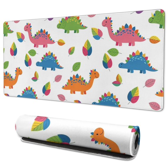 Long Mouse Pads for Desk,White Dinosaurs Colorful Leaves Pattern Desk Mats on Top Of Desks, Desk Mouse Pad Extra Large with 3mm Non-Slip Base and Stitched Edge for Gaming,Office,Work,Home 35.4"x15.7"