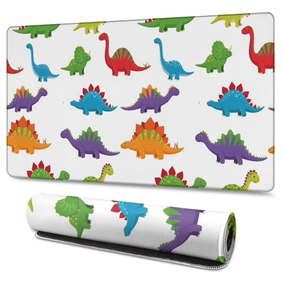Long Mouse Pads for Desk,White Dinosaurs Colorful Species Pattern Desk Mats on Top Of Desks, Desk Mouse Pad Extra Large with 3mm Non-Slip Base and Stitched Edge for Gaming,Office,Work,Home 47.3"x23.6"