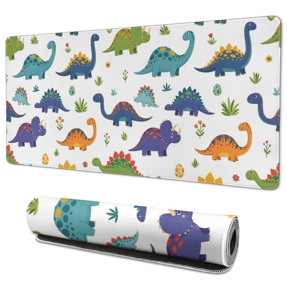 Long Mouse Pads for Desk,White Dinosaurs Flowers Eggs Pattern Desk Mats on Top Of Desks, Desk Mouse Pad Extra Large with 3mm Non-Slip Base and Stitched Edge for Gaming,Office,Work,Home 35.4"x15.7"
