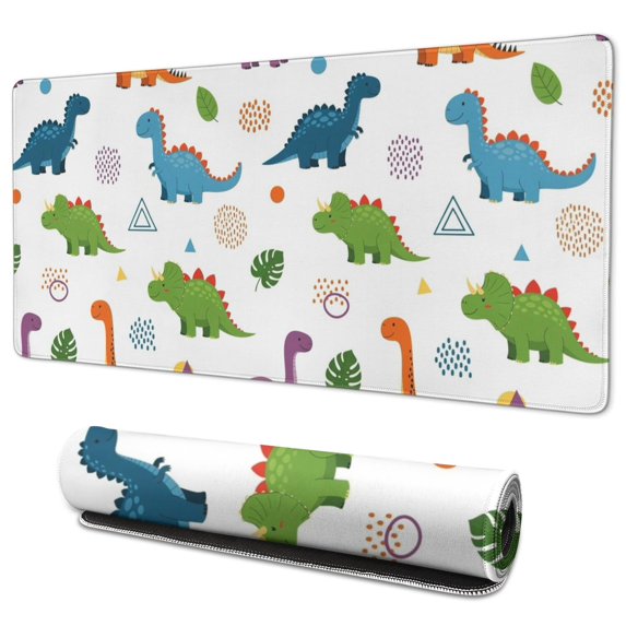 Long Mouse Pads for Desk,White Dinosaurs Geometric Leaves Pattern Desk Mats on Top Of Desks, Desk Mouse Pad Extra Large with 3mm Non-Slip Base and Stitched Edge for Gaming,Office,Work,Home 35.4"x15.7"