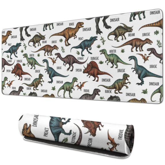 Long Mouse Pads for Desk,White Dinosaurs Label Pattern Desk Mats on Top Of Desks, Desk Mouse Pad Extra Large with 3mm Non-Slip Base and Stitched Edge for Gaming,Office,Work,Home 31.5"x11.8"