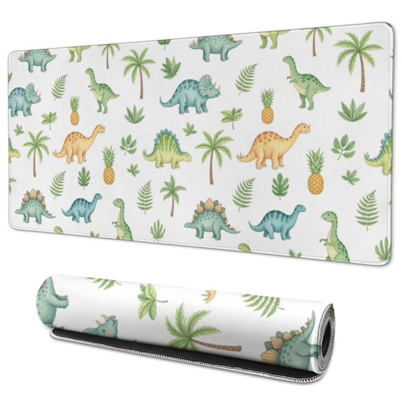Long Mouse Pads for Desk,White Dinosaurs Palms Pineapples Pattern Desk Mats on Top Of Desks, Desk Mouse Pad Extra Large with 3mm Non-Slip Base and Stitched Edge for Gaming,Office,Work,Home 35.4"x15.7"