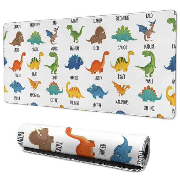 Long Mouse Pads for Desk,White Dinosaurs Random Words Desk Mats on Top Of Desks, Desk Mouse Pad Extra Large with 3mm Non-Slip Base and Stitched Edge for Gaming,Office,Work,Home 35.4"x15.7"