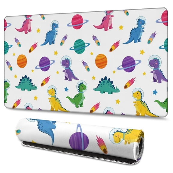 Long Mouse Pads for Desk,White Dinosaurs Space Pattern Desk Mats on Top Of Desks, Desk Mouse Pad Extra Large with 3mm Non-Slip Base and Stitched Edge for Gaming,Office,Work,Home 47.3"x23.6"