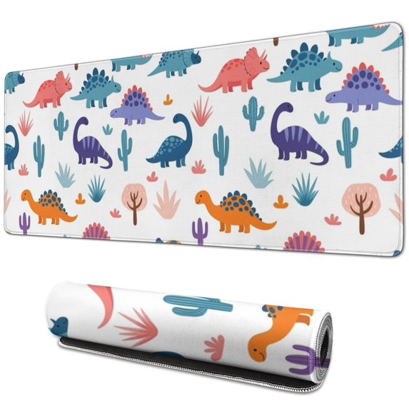 Long Mouse Pads for Desk,White Dinosaurs Trees Cacti Pattern Desk Mats on Top Of Desks, Desk Mouse Pad Extra Large with 3mm Non-Slip Base and Stitched Edge for Gaming,Office,Work,Home 31.5"x11.8"