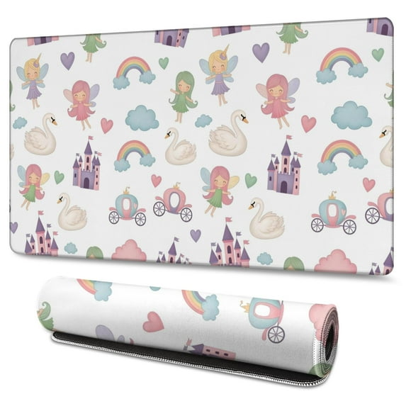 Long Mouse Pads for Desk,White Fairy Castle Pattern Desk Mats on Top Of Desks, Desk Mouse Pad Extra Large with 3mm Non-Slip Base and Stitched Edge for Gaming,Office,Work,Home 47.3"x23.6"