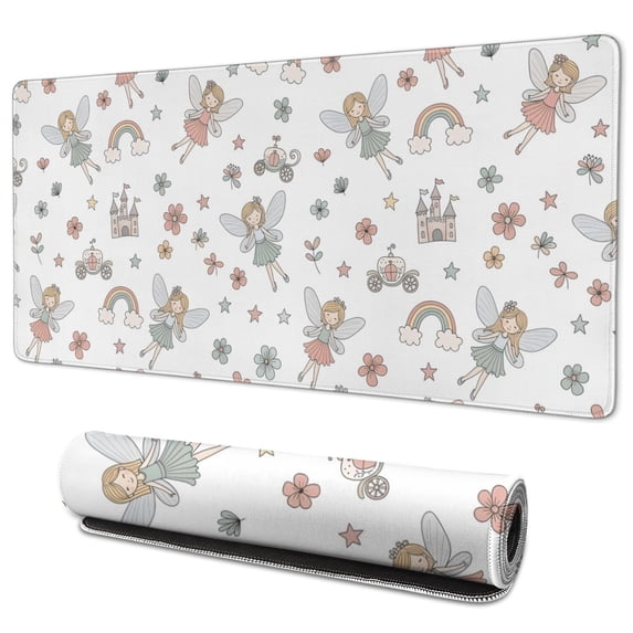 Long Mouse Pads for Desk,White Fairy Castle Pattern Desk Mats on Top Of Desks, Desk Mouse Pad Extra Large with 3mm Non-Slip Base and Stitched Edge for Gaming,Office,Work,Home 35.4"x15.7"