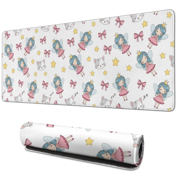 Long Mouse Pads for Desk,White Fairy Cat Pattern Desk Mats on Top Of Desks, Desk Mouse Pad Extra Large with 3mm Non-Slip Base and Stitched Edge for Gaming,Office,Work,Home 31.5"x11.8"
