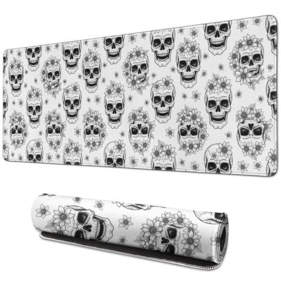 Long Mouse Pads for Desk,White Floral Skull Pattern Desk Mats on Top Of Desks, Desk Mouse Pad Extra Large with 3mm Non-Slip Base and Stitched Edge for Gaming,Office,Work,Home 31.5"x11.8"