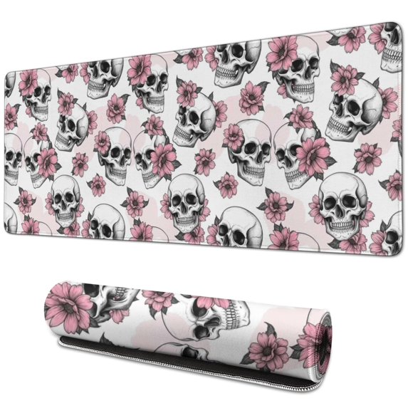 Long Mouse Pads for Desk,White Floral Skull Pattern Desk Mats on Top Of Desks, Desk Mouse Pad Extra Large with 3mm Non-Slip Base and Stitched Edge for Gaming,Office,Work,Home 31.5"x11.8"