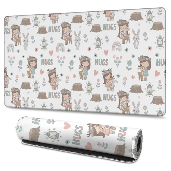 Long Mouse Pads for Desk,White Forest Girl Pattern Desk Mats on Top Of Desks, Desk Mouse Pad Extra Large with 3mm Non-Slip Base and Stitched Edge for Gaming,Office,Work,Home 47.3"x23.6"