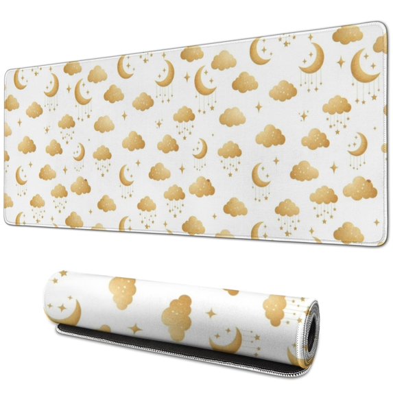 Long Mouse Pads for Desk,White Golden Cloud Moon Pattern Desk Mats on Top Of Desks, Desk Mouse Pad Extra Large with 3mm Non-Slip Base and Stitched Edge for Gaming,Office,Work,Home 31.5"x11.8"
