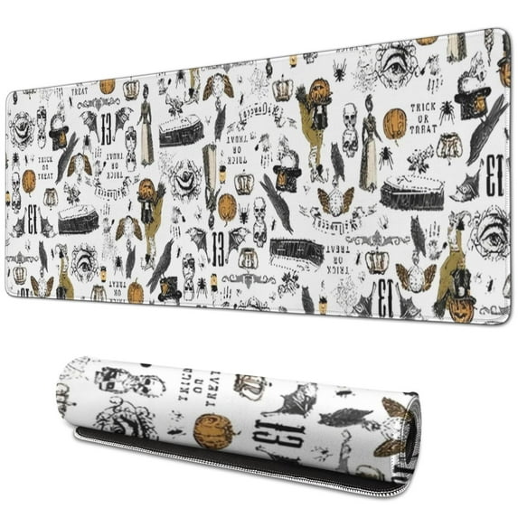 Long Mouse Pads for Desk,White Halloween Pumpkin Bat Pattern Desk Mats on Top Of Desks, Desk Mouse Pad Extra Large with 3mm Non-Slip Base and Stitched Edge for Gaming,Office,Work,Home 31.5"x11.8"