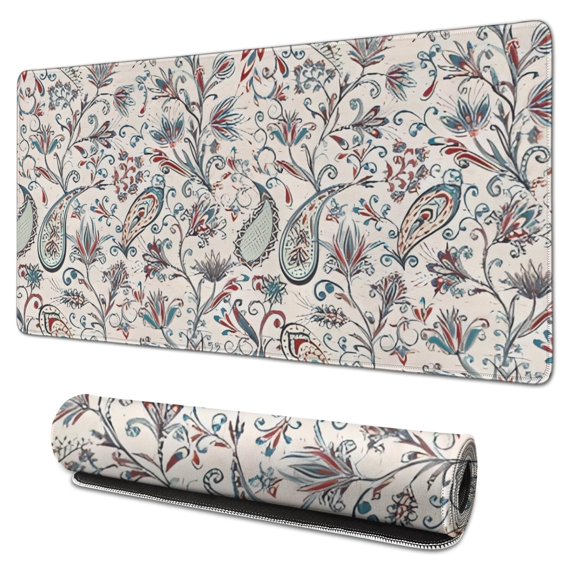Long Mouse Pads for Desk,White Pioneer Flower and Paisley Pattern Desk Mats on Top Of Desks, Desk Mouse Pad Extra Large with 3mm Non-Slip Base and Stitched Edge for Gaming,Office,Work,Home 31.5"x15.7"