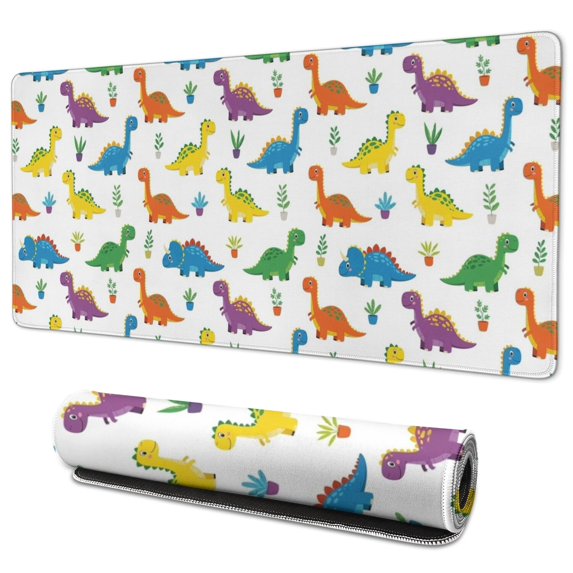 Long Mouse Pads for Desk,White Plant Dinosaurs Pattern Desk Mats on Top Of Desks, Desk Mouse Pad Extra Large with 3mm Non-Slip Base and Stitched Edge for Gaming,Office,Work,Home 35.4"x15.7"