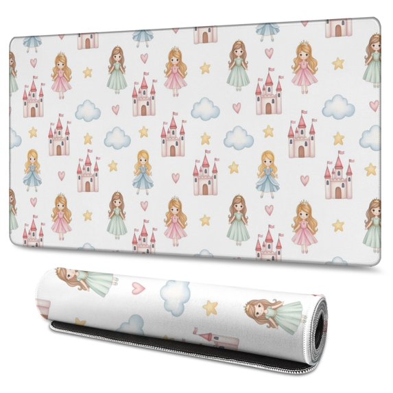 Long Mouse Pads for Desk,White Princess Castle Pattern Desk Mats on Top Of Desks, Desk Mouse Pad Extra Large with 3mm Non-Slip Base and Stitched Edge for Gaming,Office,Work,Home 47.3"x23.6"