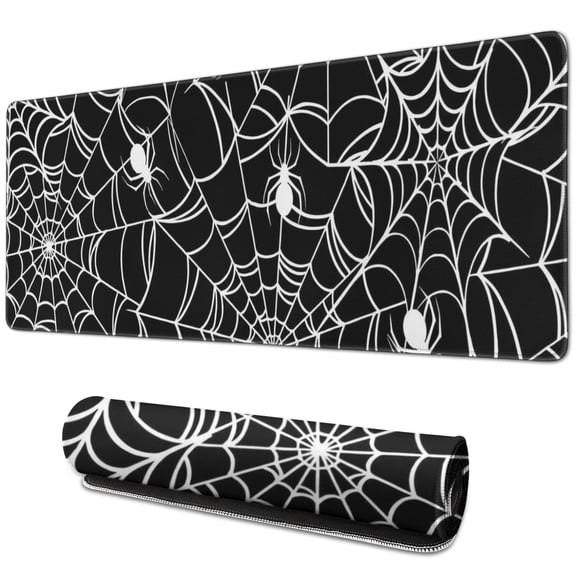 Long Mouse Pads for Desk,White Spider Webs and Spiders Desk Mats on Top Of Desks, Desk Mouse Pad Extra Large with 3mm Non-Slip Base and Stitched Edge for Gaming,Office,Work,Home 31.5x11.8in