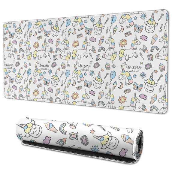 Long Mouse Pads for Desk,White Unicorn Dessert Pattern Desk Mats on Top Of Desks, Desk Mouse Pad Extra Large with 3mm Non-Slip Base and Stitched Edge for Gaming,Office,Work,Home 35.4"x15.7"