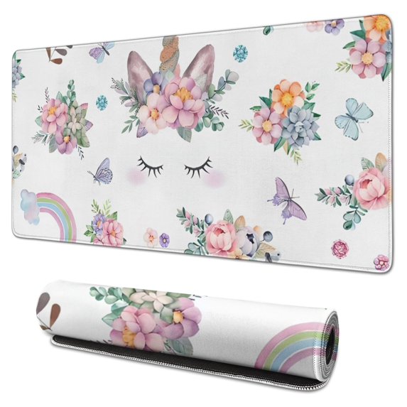 Long Mouse Pads for Desk,White Unicorn Floral Pattern Desk Mats on Top Of Desks, Desk Mouse Pad Extra Large with 3mm Non-Slip Base and Stitched Edge for Gaming,Office,Work,Home 31.5"x15.7"