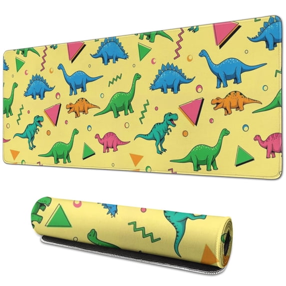 Long Mouse Pads for Desk,Yellow Cartoon Dinosaurs Geometric Shapes Desk Mats on Top Of Desks, Desk Mouse Pad Extra Large with 3mm Non-Slip Base and Stitched Edge for Gaming,Work,Home 31.5"x11.8"