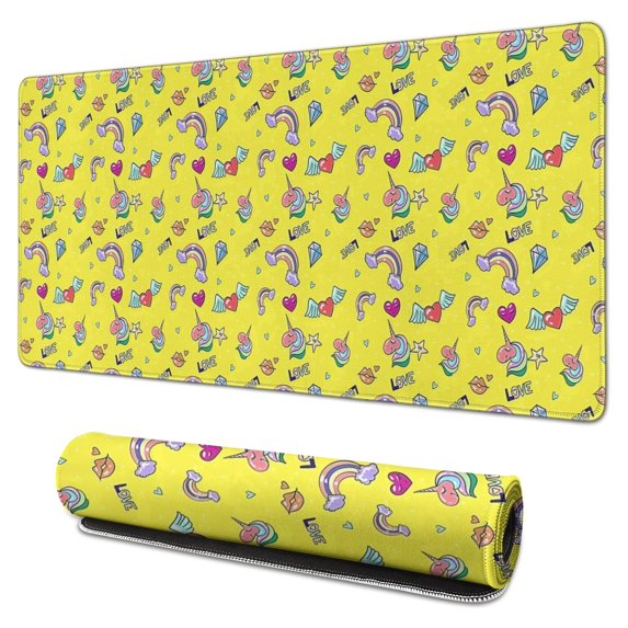 Long Mouse Pads for Desk,Yellow Cartoon Unicorn Rainbow Heart Desk Mats on Top Of Desks, Desk Mouse Pad Extra Large with 3mm Non-Slip Base and Stitched Edge for Gaming,Work,Home 31.5"x15.7"