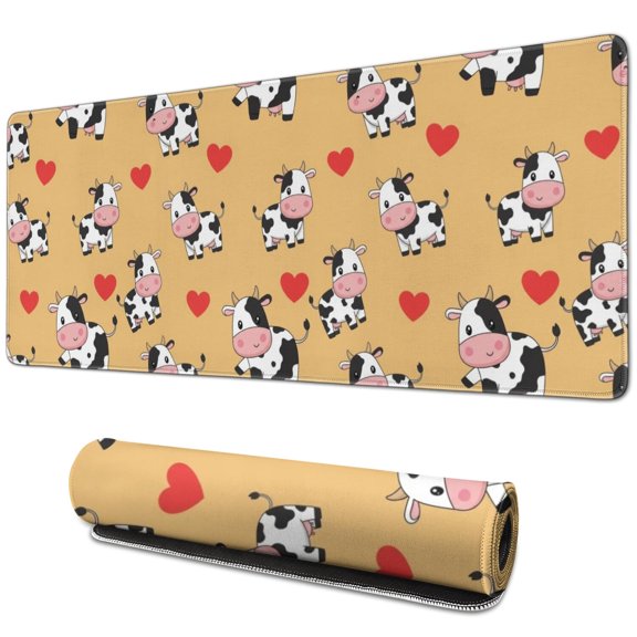 Long Mouse Pads for Desk,Yellow Cow Heart Pattern Desk Mats on Top Of Desks, Desk Mouse Pad Extra Large with 3mm Non-Slip Base and Stitched Edge for Gaming,Office,Work,Home 31.5"x11.8"