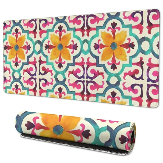 Long Mouse Pads for Desk,Yellow Ethnic Floral Pattern Desk Mats on Top Of Desks, Desk Mouse Pad Extra Large with 3mm Non-Slip Base and Stitched Edge for Gaming,Office,Work,Home 35.4"x15.7"