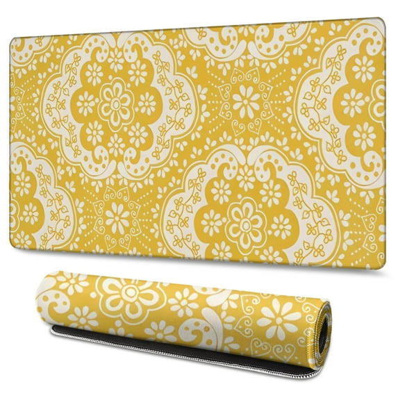 Long Mouse Pads for Desk,Yellow Ethnic Floral Pattern Desk Mats on Top Of Desks, Desk Mouse Pad Extra Large with 3mm Non-Slip Base and Stitched Edge for Gaming,Office,Work,Home 47.3"x23.6"