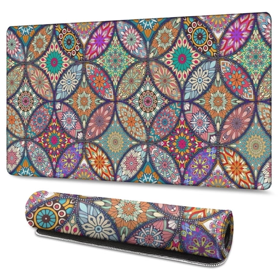 Long Mouse Pads for Desk,Yellow Floral Oval Pattern Desk Mats on Top Of Desks, Desk Mouse Pad Extra Large with 3mm Non-Slip Base and Stitched Edge for Gaming,Office,Work,Home 47.3"x23.6"