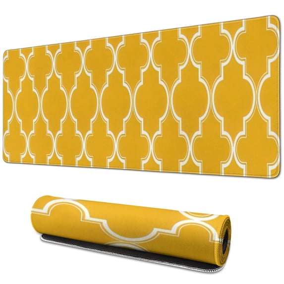 Long Mouse Pads for Desk,Yellow Geometric Quatrefoil Pattern Desk Mats on Top Of Desks, Desk Mouse Pad Extra Large with 3mm Non-Slip Base and Stitched Edge for Gaming,Office,Work,Home 31.5"x11.8"