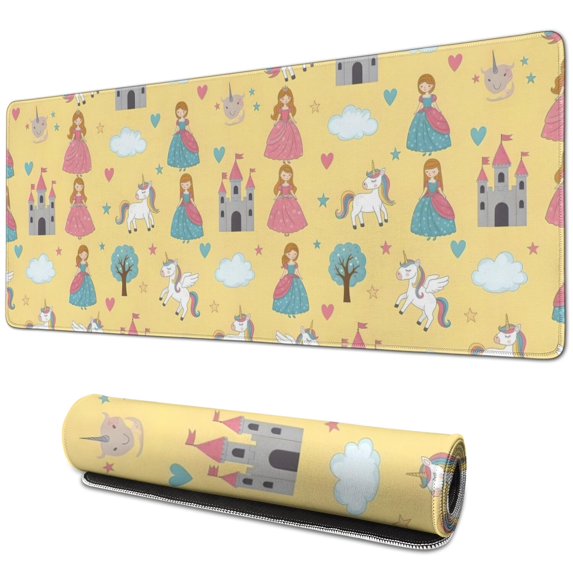 Long Mouse Pads for Desk,Yellow Princess Castle Unicorn Pattern Desk Mats on Top Of Desks, Desk Mouse Pad Extra Large with 3mm Non-Slip Base and Stitched Edge for Gaming,Office,Work,Home 31.5"x11.8"