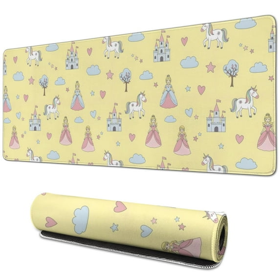 Long Mouse Pads for Desk,Yellow Princess Unicorn Pattern Desk Mats on Top Of Desks, Desk Mouse Pad Extra Large with 3mm Non-Slip Base and Stitched Edge for Gaming,Office,Work,Home 31.5"x11.8"