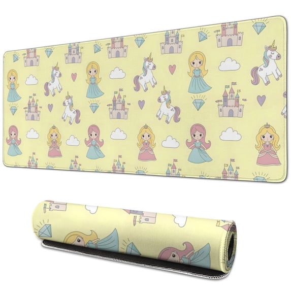 Long Mouse Pads for Desk,Yellow Princess Unicorn Pattern Desk Mats on Top Of Desks, Desk Mouse Pad Extra Large with 3mm Non-Slip Base and Stitched Edge for Gaming,Office,Work,Home 31.5"x11.8"