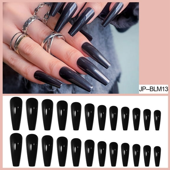 Long Nails Set Pure Black 24 Press-On for Women with Jelly Ballet Style