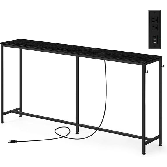 Long Narrow Console Table with Charging Station, Black