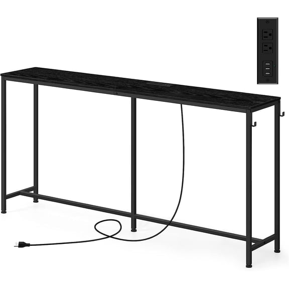 Long Narrow Console Table with Charging Station, Black